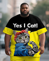 Men's Plus Size Black And Yellow Color-block Cat Print Short-sleeved T-shirt Shorts Suit